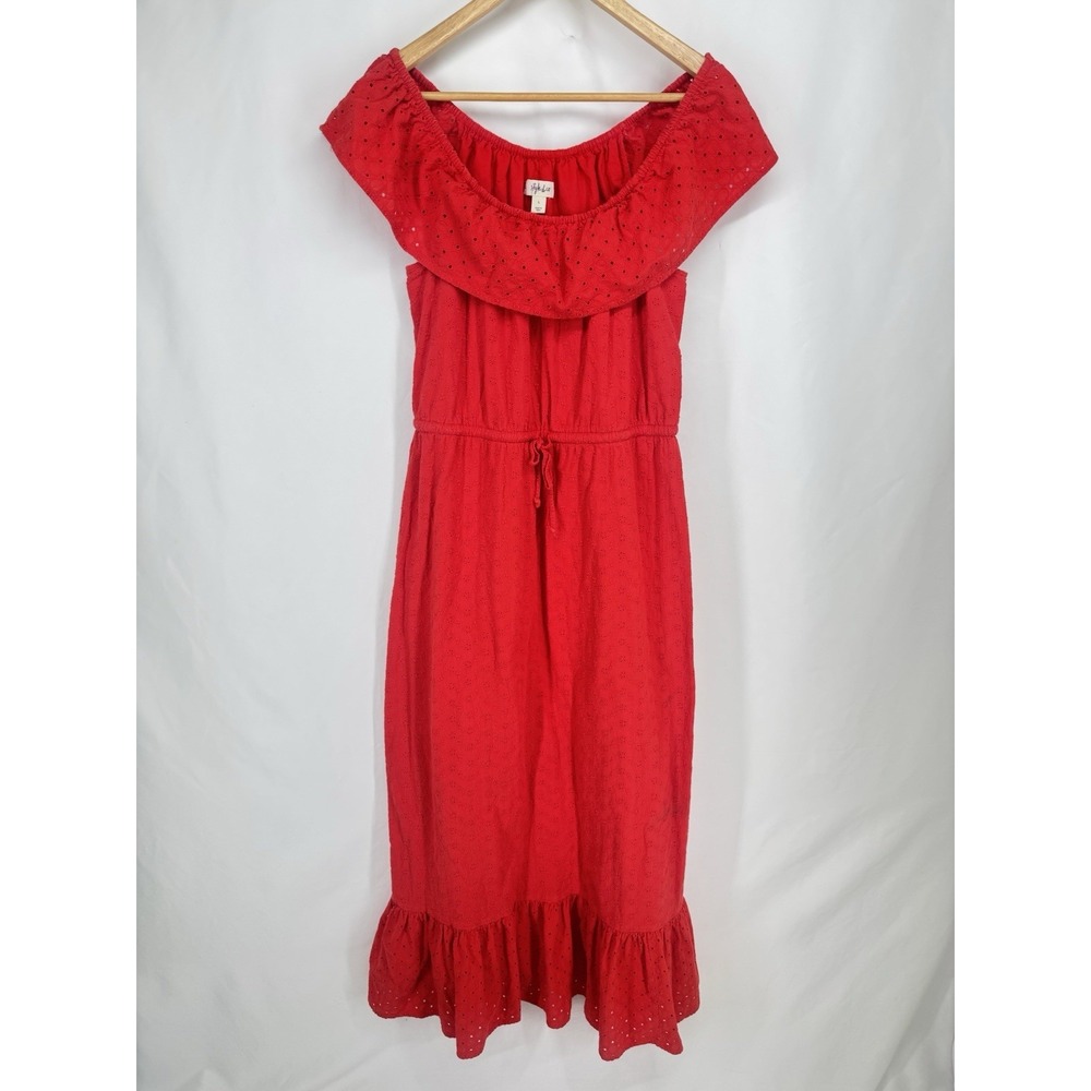 Red Boho Cottage Off Shoulder Eyelet Maxi Dress L Romantic Tie Waist Ruffle Hem